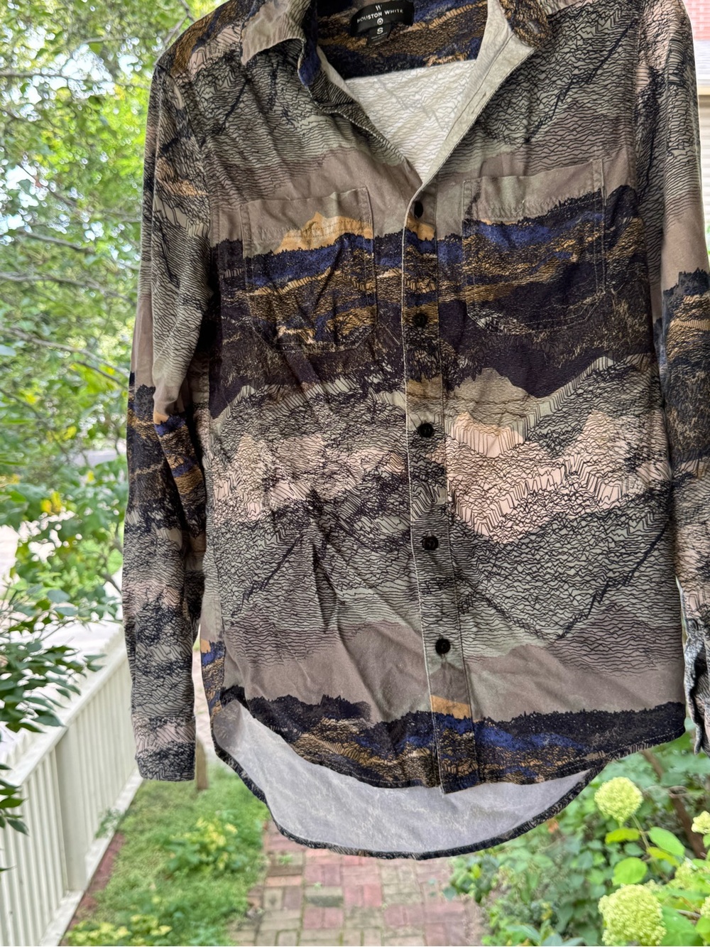Men's Patterned Long-Sleeve Button-Down Shirt — Taupe with Navy & Black Accents